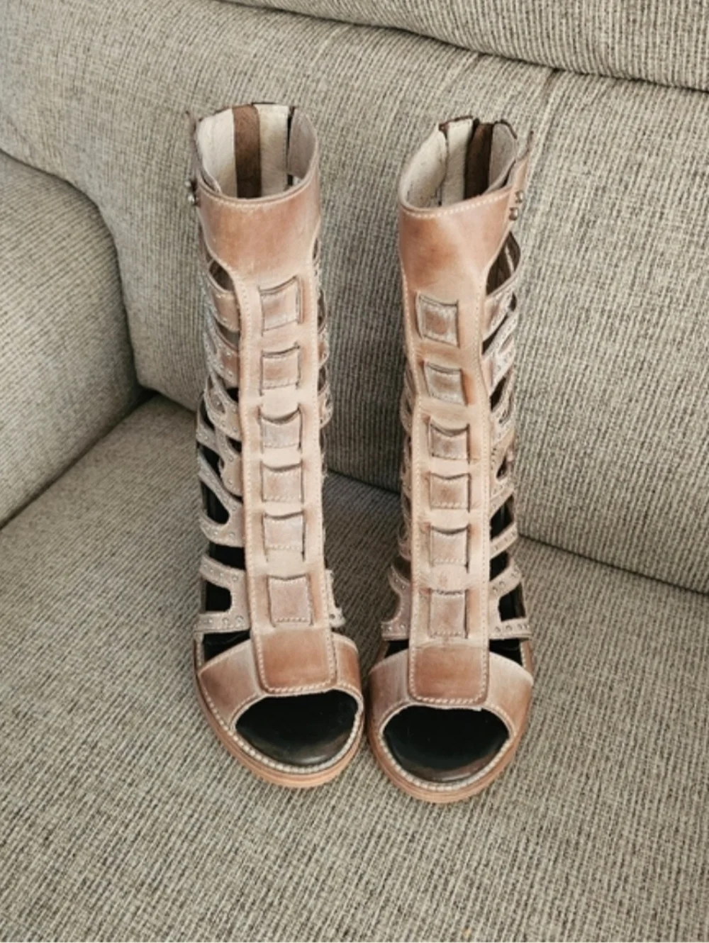 Freebird by Steven Metallic Taupe Cutout Block Heel Sandals